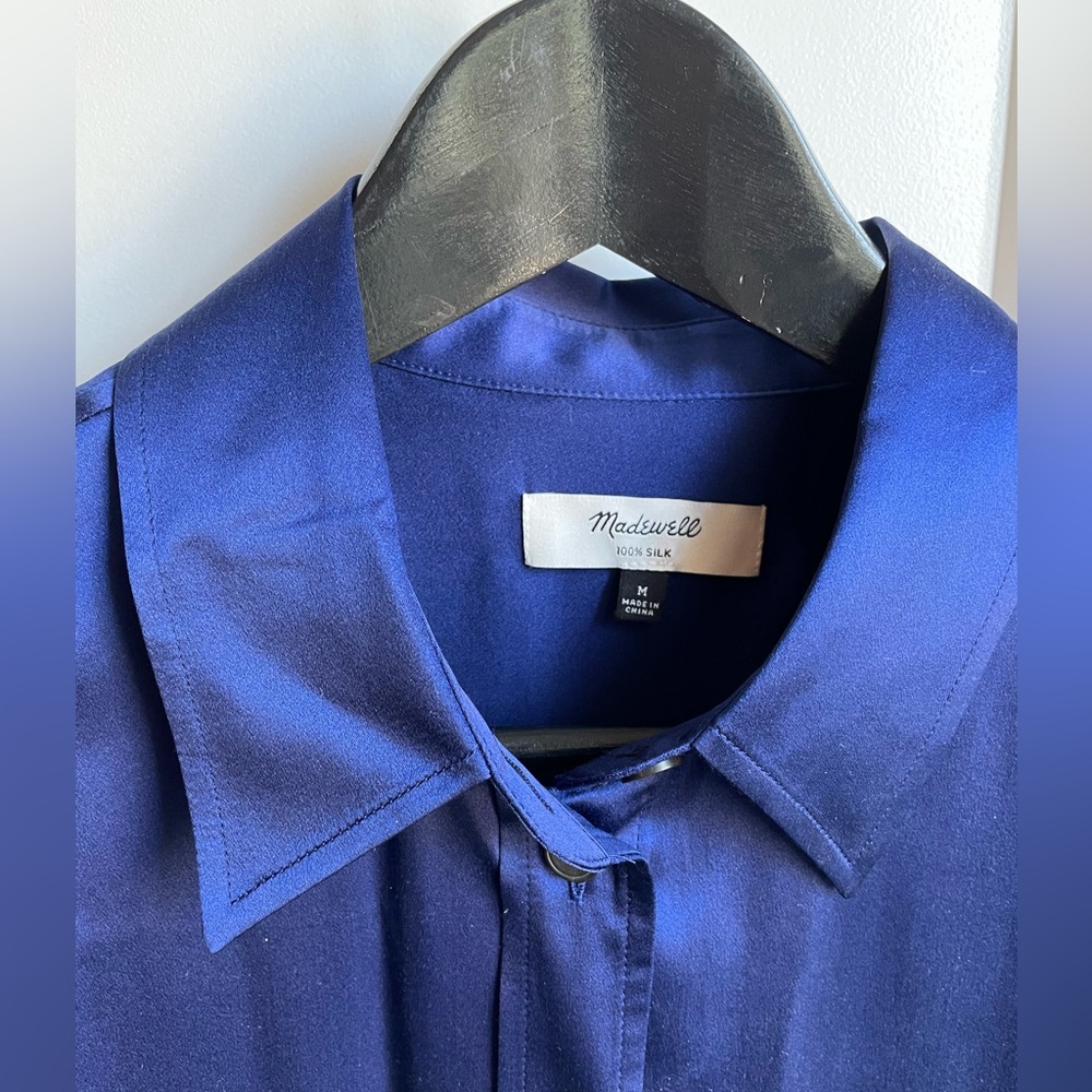 Madewell Silk Flap-Pocket Button-Up Shirt in Deep Cobalt - Picture 7 of 12